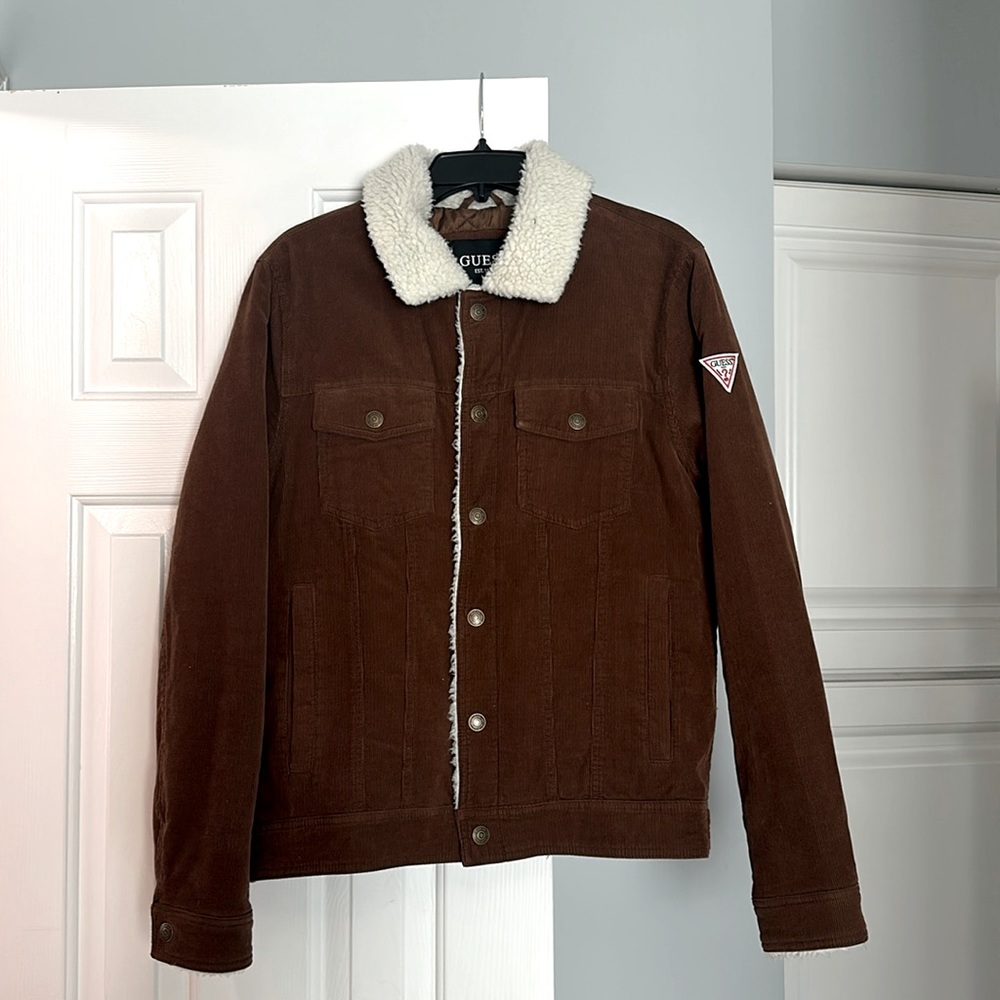 GUESS Men’s Corduroy Bomber Jacket with Sherpa Collar